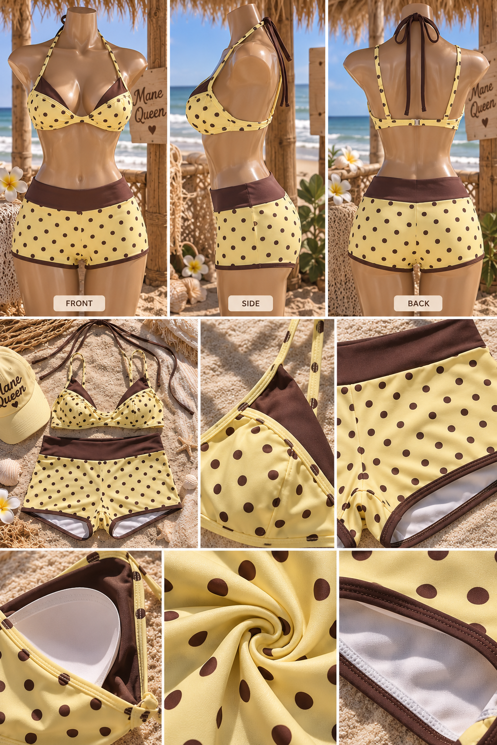 Butter Yellow Mocha Polka Dot Bikini Set 💛🤎